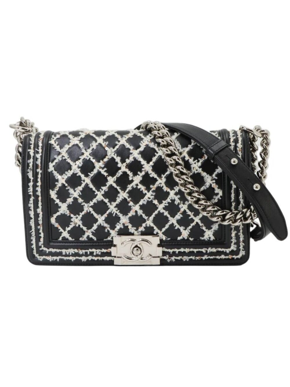Chanel Boy Small Chain Shoulder Bag Lambskin Black Sequins